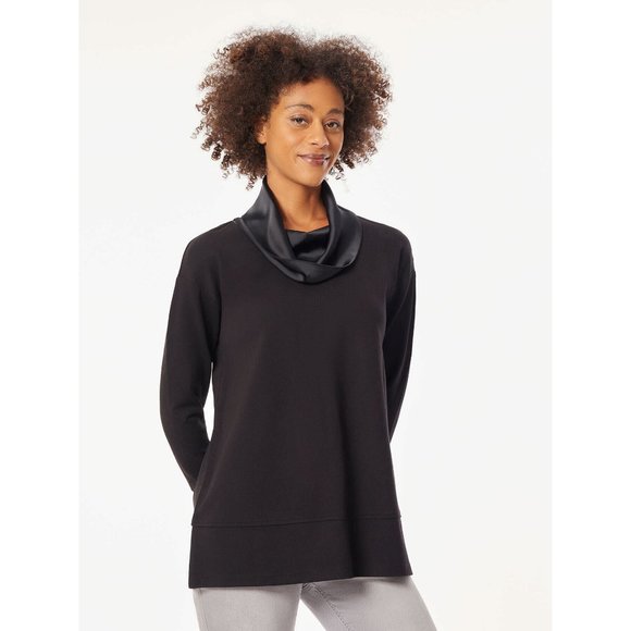 JNY | Serenity Knit Cowl Neck Tunic with Satin Accents | Black | X-Large - Picture 1 of 8